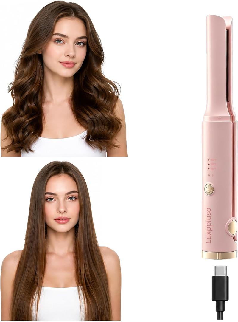 2 x Portable Hair Straightener & Curler 2 in 1, Mini Size, Pink | Cordless, USB Rechargeable, 2600mAH Battery, Ceramic, For Women & Men