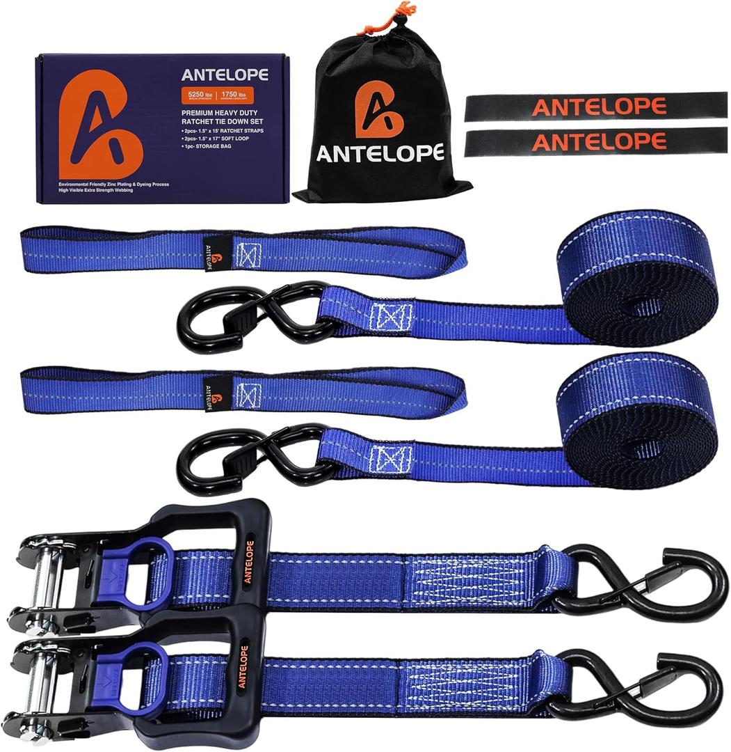 2 Packs Heavy Duty Ratchet Tie Down Straps - 5,250lb Breaking Strength Ratchet Strap - 1.5" x15' Motorcycle Tie Down Strap with 2 Soft Loops, Motorcycle Straps for Cargos, Truck, UTVs(Blue)
