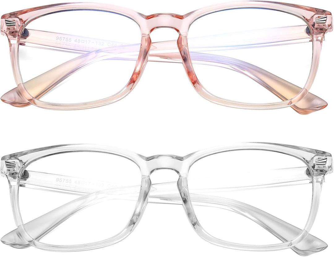 Hycredi Kids Blue Light Blocking GlassesAnti Eyestrain & UV Protection, Computer Gaming TV Phone Glasses for Boys Girls (A1* 2 Pack (Clear Pink +Clear))