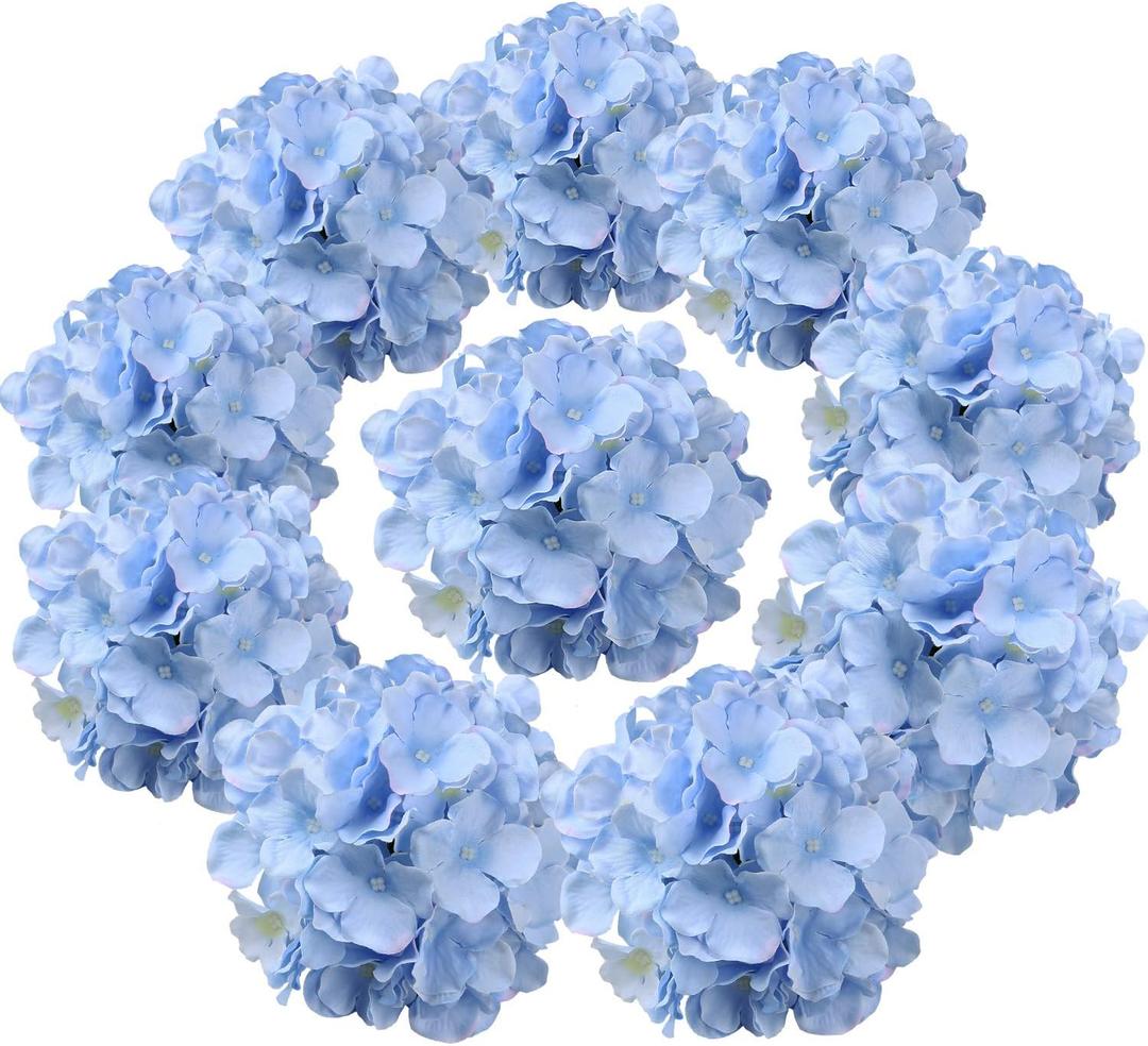 Flojery Silk Hydrangea Heads Artificial Flowers Heads with Stems for Home Wedding Decor, Pack of 10 (Blue)