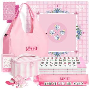 Complete American Mahjong Set with 166 Tiles, Quiet Mahjong Mat, 4 Racks with Pushers, Dice, Chips, Storage Bags & Instruction, Portable Mahjong Game for Travel, Family Game Night & Gifts(Floral Tea)