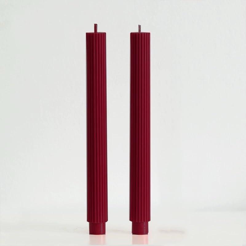 2 Pack | 10" Premium Unscented Ribbed Wick Taper Candles, Tall Ribbon Wax Dinner Unscented Modern Home Dcor Soy Wax Handmade 12 Hours candlesticks (Burgundy)