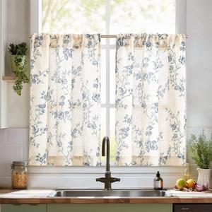 jinchan Floral Kitchen Curtains 36 Inch Linen Tier Curtains Farmhouse Cafe Half Window Drapes Over Sink Light Filtering for Living Room Laundry RV Rod Pocket 2 Panels Blue on Beige