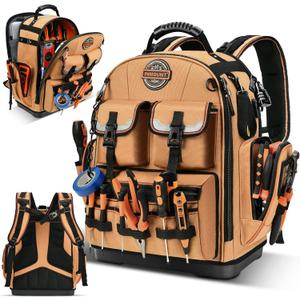 LOKASS Backpack Tool Bag Tool Backpack Heavy Duty Tool Organizer, Water-resistant HVAC Tool Backpack Electrician Tool Box with Molded Base Tan Brown