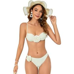 OYOANGLE Women's Women's 2 Piece 3D Rose Bikini Swimsuit Spaghetti Strap High Waisted Bathing Suit Beachwear L