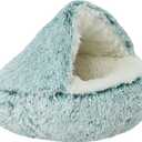 Dog Cave Bed for Small Dogs Cats Pets, Anti Anxiety Calming Plush Dog Beds, Fluffy Covered Hooded Cozy Burrow Puppy Beds, Anti-Slip Bottom Washable Pet Sleeping Bag (20" D, Green)