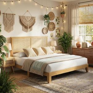 IDEALHOUSE Rattan Bed Frame King Size with Natural Rattan Headboard & LED Lights, Wood King Bed Frame with Solid Wood Foundation, No Box Spring Needed, Natural
