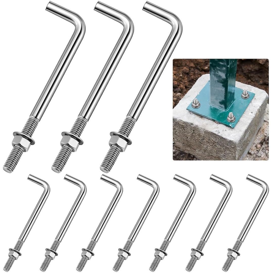 Yaocom 10 Pcs Anchors Bolts 3/8-16 x 6 Inches 304 Stainless Steel Concrete J Bolts Cement Post Anchor Fastener with Nut Washer Bracket for Concrete Pad Pouring Wood Projects