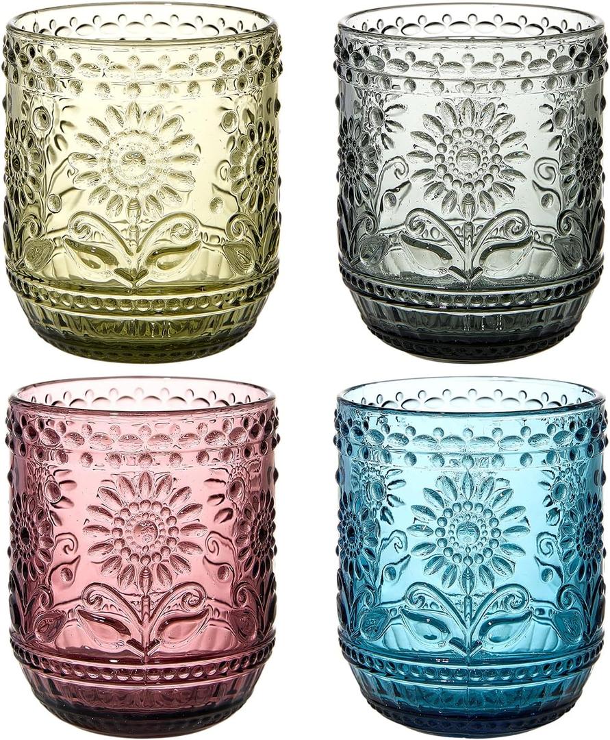 3 x 4 Pack 12 Oz Vintage Glassware Drinking Glasses Set, Embossed Floral Decorative Glassware Set for Whiskey, Beer, Juice, Wine Multicolor