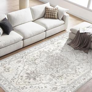 Boho Area Rug 6x9 Washable Large Vintage Rug for Living Room Bedroom Office Kitchen Entrance Dining Room Non Slip Soft Low-Pile Farmhouse, Beige/Multi