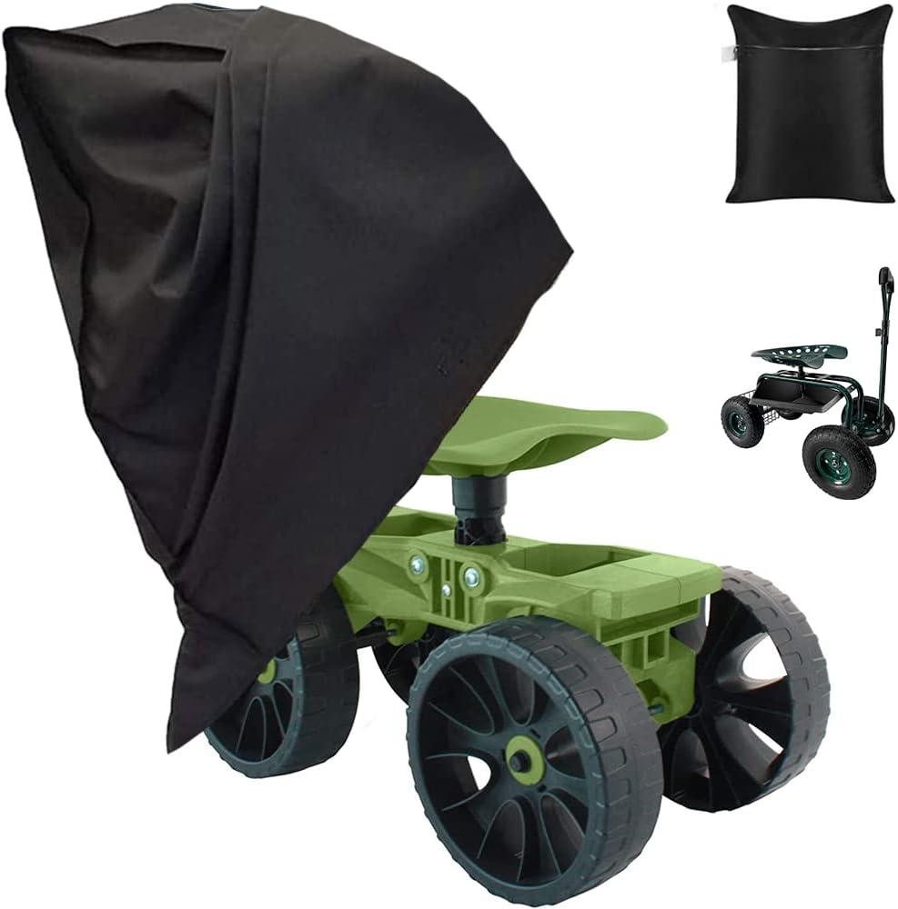 Rolling Garden Stool Cart Work Seat Cover Heavy Duty Waterproof Wagon Scooter Cover Adjustable Extendable Steer Handle Swivel Seat Dust Cover for Outdoors Lawns Yards
