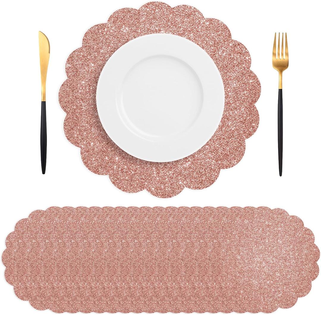 50 PCS Valentine's Day Paper Placemats Disposable, Rose Gold Glitter Paper Placemats, 13.5 Inch Scalloped Placemat, for Birthday Wedding Holiday Party Home Dining Tableware