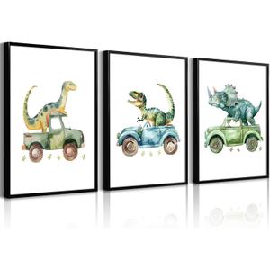 Dinosaur Nursery Wall Art Kids Canvas Poster Baby Boy Nursery Wall Decor Green Dino Pictures Toddler Prints Cartoon Dino Car Painting Boys Room Artwork for Bedroom Bathroom 12x16x3 Inch Unframed