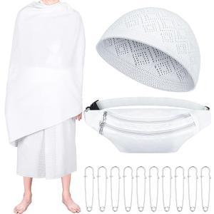 Suhine 14 Pcs Men's Ihram Set for Hajj and Umrah Essentials, Islamic Ahram Ehram Towel Waist Belt Kufi Hat and 10 Pins(Adult Size)