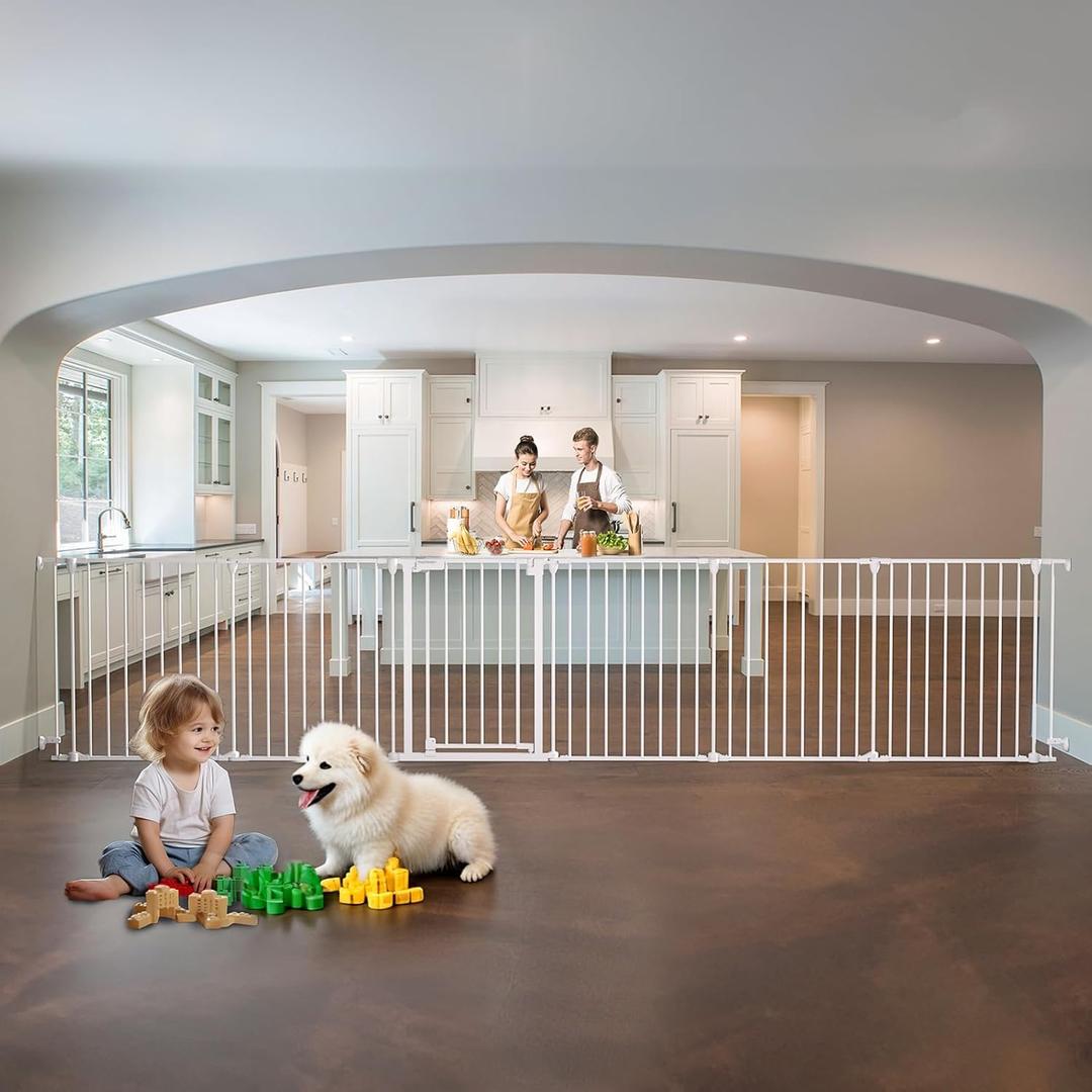 150" Extra Wide Baby Gate, Play Yard Child Safety Gate, Dog Gates with Auto-Close Door, Double Locking System for The House Doorways, Fireplace, Kitchen, 6-Panels, 30" Tall (White)