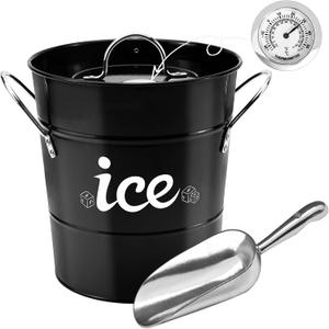 Double Wall Ice Bucket with Thermometer, Metal Wine Chiller Bucket with Lid & Scoop - for Champagne, Wine, Cocktails and Parties, Large Insulated Ice Holder - Perfect for Home & Outdoor Use,Black