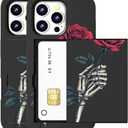 Compatible for iPhone 15 Pro Max Case with Card Holder Cute - Kawaii Design Military-Grade Drop Protection Rugged Wallet Cases for Women (Black Skeleton Skull Rose)