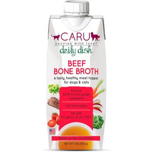 Caru - Daily Dish Beef Bone Broth - Meal Topper for Dogs & Cats - Supports Overall Pet Health - Pour-Over Broth for Wet/Dry Food - Human Grade Ingredients - Non-GMO - Made in USA - 17.6 oz - 1 Pack (EXP 05/18/26)