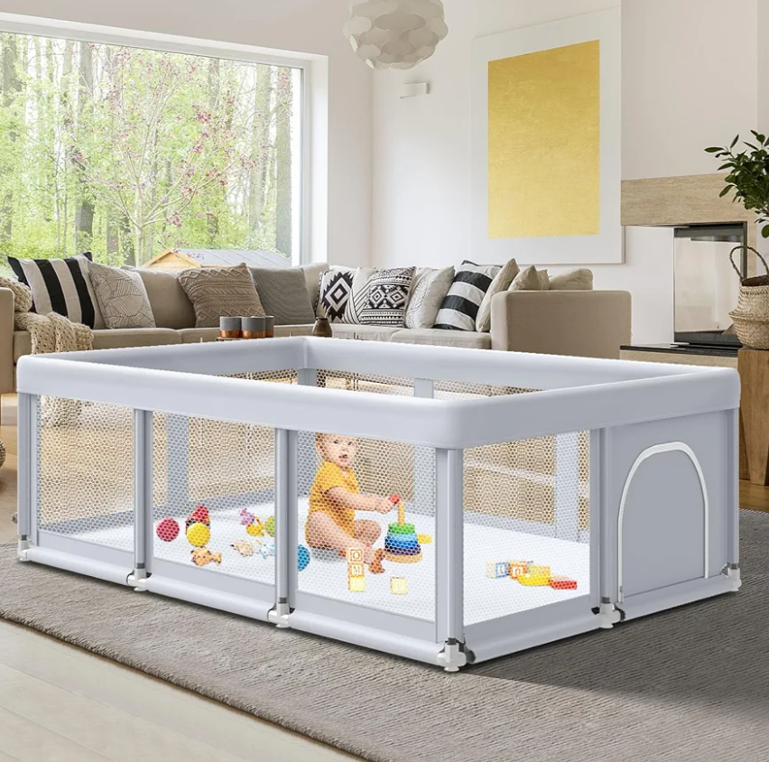 74" ×50" Large Baby Playpen, Baby Playard for Babies and Toddlers, Play Fence Play Pens for Indoor & Outdoor, Sturdy Safety Play Yard with Soft Breathable Mesh, Anti-Fall, Grey