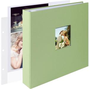 Large 3 Ring DIY Scrapbook Photo Album Journal with 30 Plastic Sleeves 60 Pages and Fabric Cover for Baby Travel Wedding Anniversary kids Adventure (Sage Green Cover/White Pages)