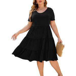Women's Plus Size Casual Summer Tiered Dresses Short Sleeve Scoop Neck Ruffle Hem Loose Fitting Midi Babydoll Dress (XX-Large Plus, Black)