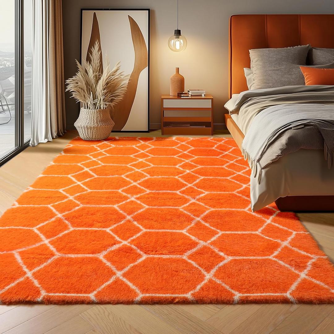 ONASAR Area Rugs for Bedroom Living Room, 4x6 Fluffy Orange and White Throw Rug, Geometric Soft Shaggy Fuzzy Plush Indoor Floor Carpet for Kids Teen Nursery Dorm Office Home Decor Aesthetic