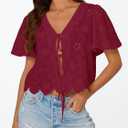 Trendy Queen Womens Summer Tops Cute Boho Blouses Beach Vacation Spring Outfits 2026 Tie Front Eyelet Embroidered Clothes (Red, L)