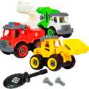 Flybar Power Gearz Take Apart Toy with Screwdriver and Screws- 3 Pack Truck Set for Boys and Girls- Fire Truck, Construction Garbage Trucks- Vehicle Set - Building Toys for Kids Ages 3-5