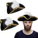Liitrsh 2 Pcs Tricorn Pirate Hat with Feather, Buccaneer Colonial Hat for Adults Renaissance Costume for Halloween Party (Black and White)