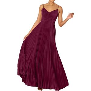 LASPIA Women's Pleated Dress Formal Adjustable Spaghetti Strap Maxi Solid Bridesmaid Evening Party Dresses Wine Red XL
