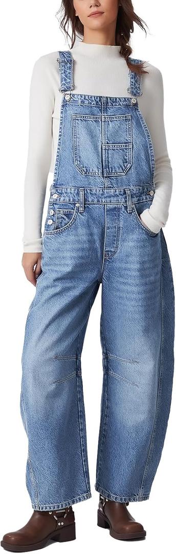 Ladyful Women's Denim Overall Casual Straight Wide Leg Bib Jeans Overall Adjustable Straps Denim Romper Stretch Jumpsuits (Large, Blue)