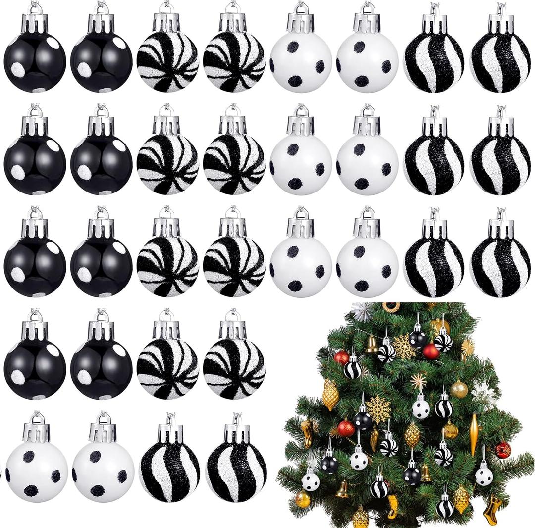 Lenwen 54 Pcs Mini Christmas Balls Ornaments Black and White Christmas Tree Decorations 1.18 Inch Xmas Striped Dots Shatterproof Plastic Hanging Ornaments for Small Tree Wreath Holiday Party Decor
