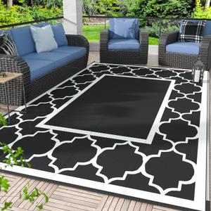 GENIMO 8 ' x 10 ' Outdoor Rug for Patio Clearance, Waterproof Indoor Outdoor Plastic Straw Rugs Carpet, Reversible Outside Area Rv Mat for Camping, Balcony Porch, Deck, Picnic, Beach (Black & White)