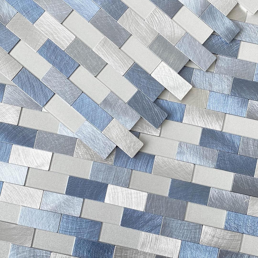 VAOVI Kitchen Tiles Backsplash Peel and Stick Metal Sticky Brick Mosaic Wall Stickers Bathroom Waterproof(10Tiles,Blue) (10sheets/pack)