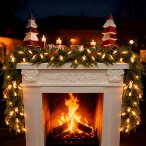 6.1FT Christmas Garland with Lights Battery Operated Lighted Christmas Garland with Pine Cones Red Beries,Twinkle Snowflake&Tree Mixed LED Lights Mantle Xmas Christmas Decoration Indoor Outdoor