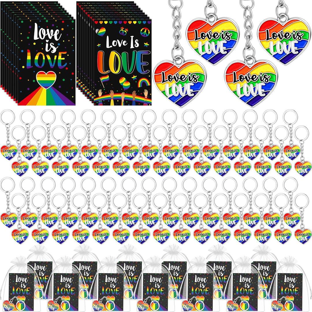Nosiny Pride Rainbow Keychains and Love is Love Cards Gift Bulk LGBTQ Flag Gay Lesbian Sweetest Day Accessories for Men Women