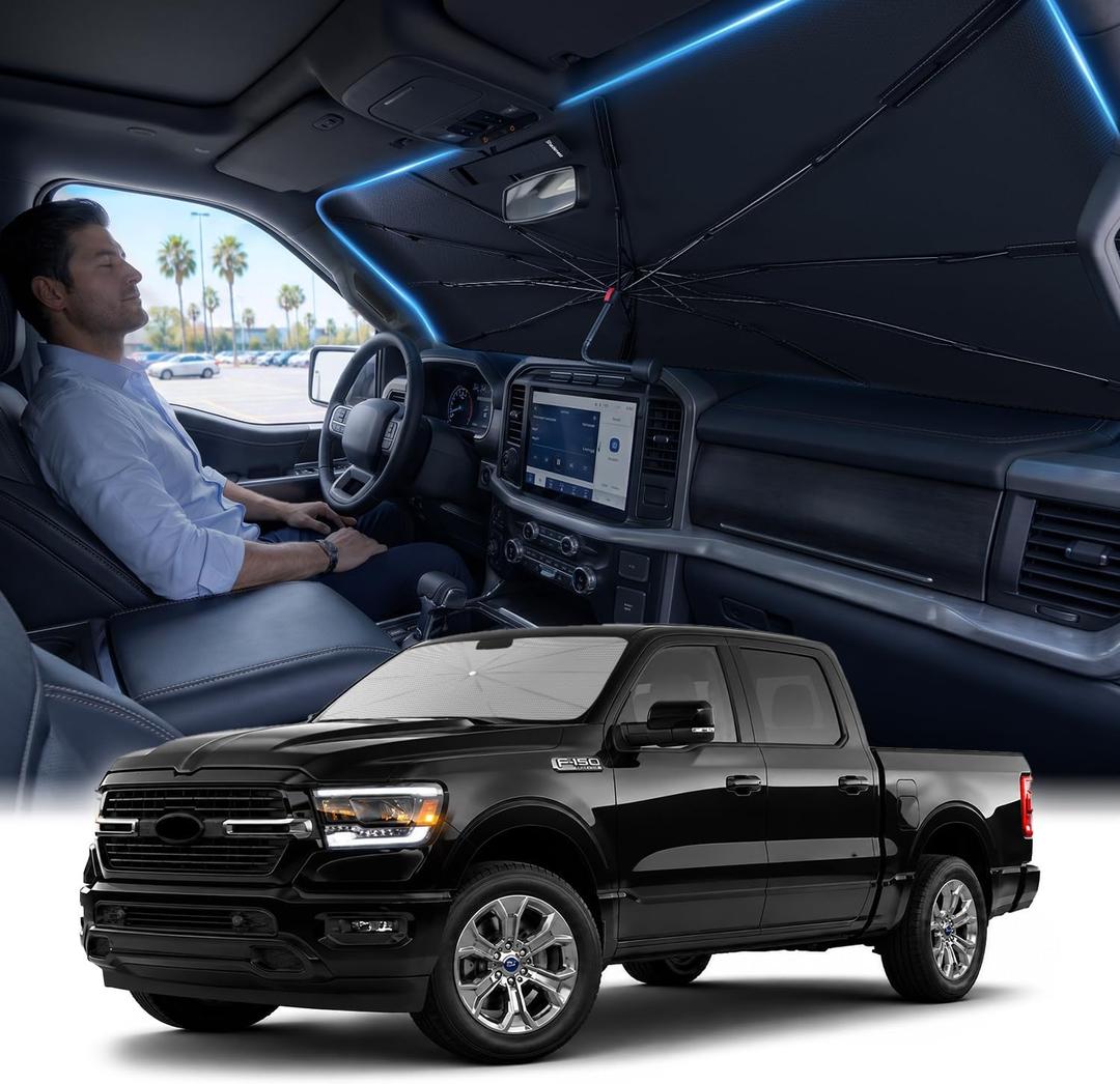 Zanch Windshield Sun Shade Umbrella: Custom Fit for F150 2020-2026 [Interior Protection, Up to 75 Cooler] Reflective Heat Shield, Sturdy Frame, No Sag, No Scratches, Foldable Front Sunshade Umbrella