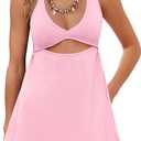 ReachMe Womens Cut Out Dresses Short Sleeveles Mini Dress Summer V Neck A Line Dresses Beach Vacation Dress (Pink, S)