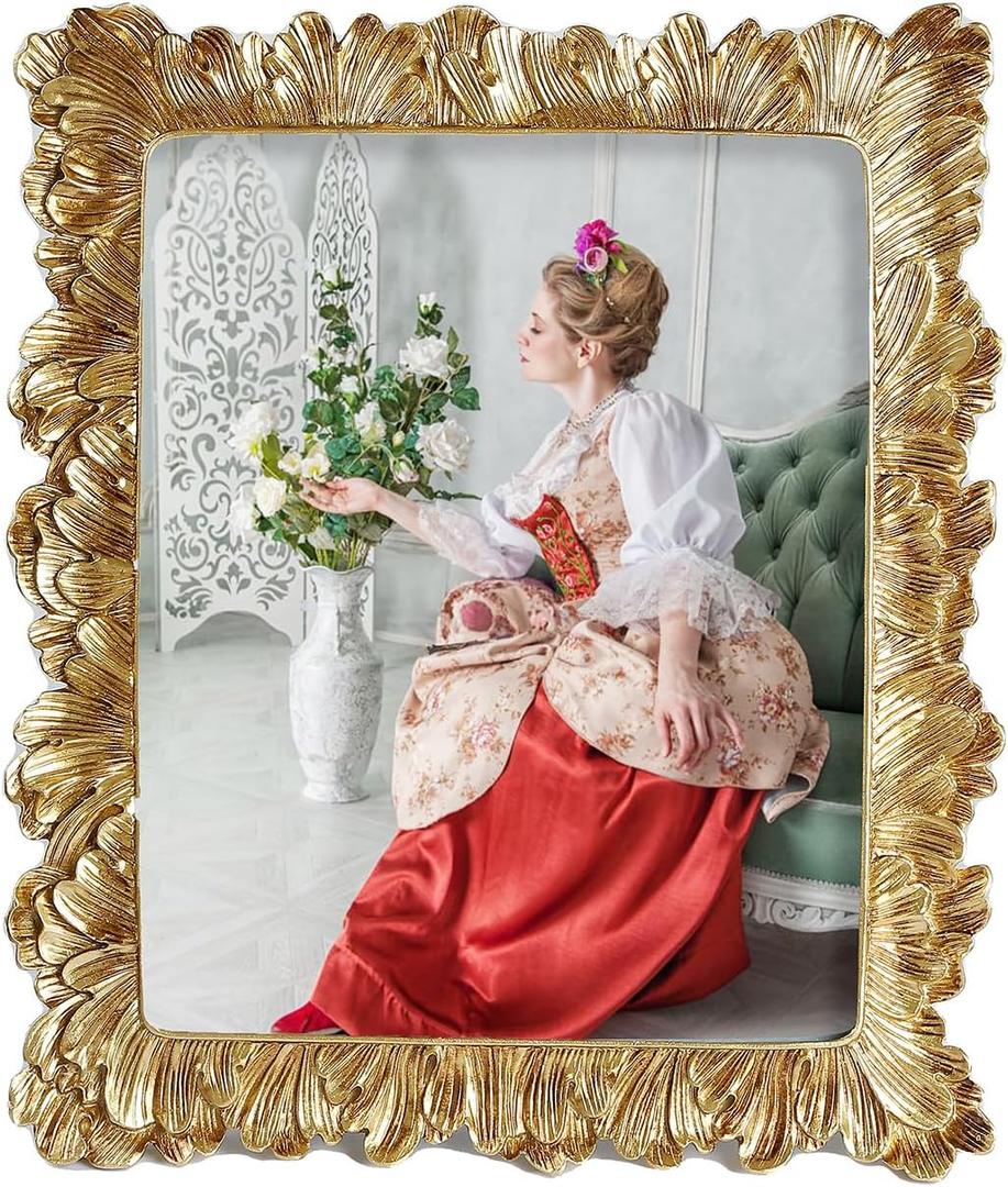Gold 8x10 Picture Frames Vintage Photo Frame Rose Gold Flower Leaf with Glass Front Antique Picture Frame for Tabletop Wall Hanging (Gold Leaf-8x10)