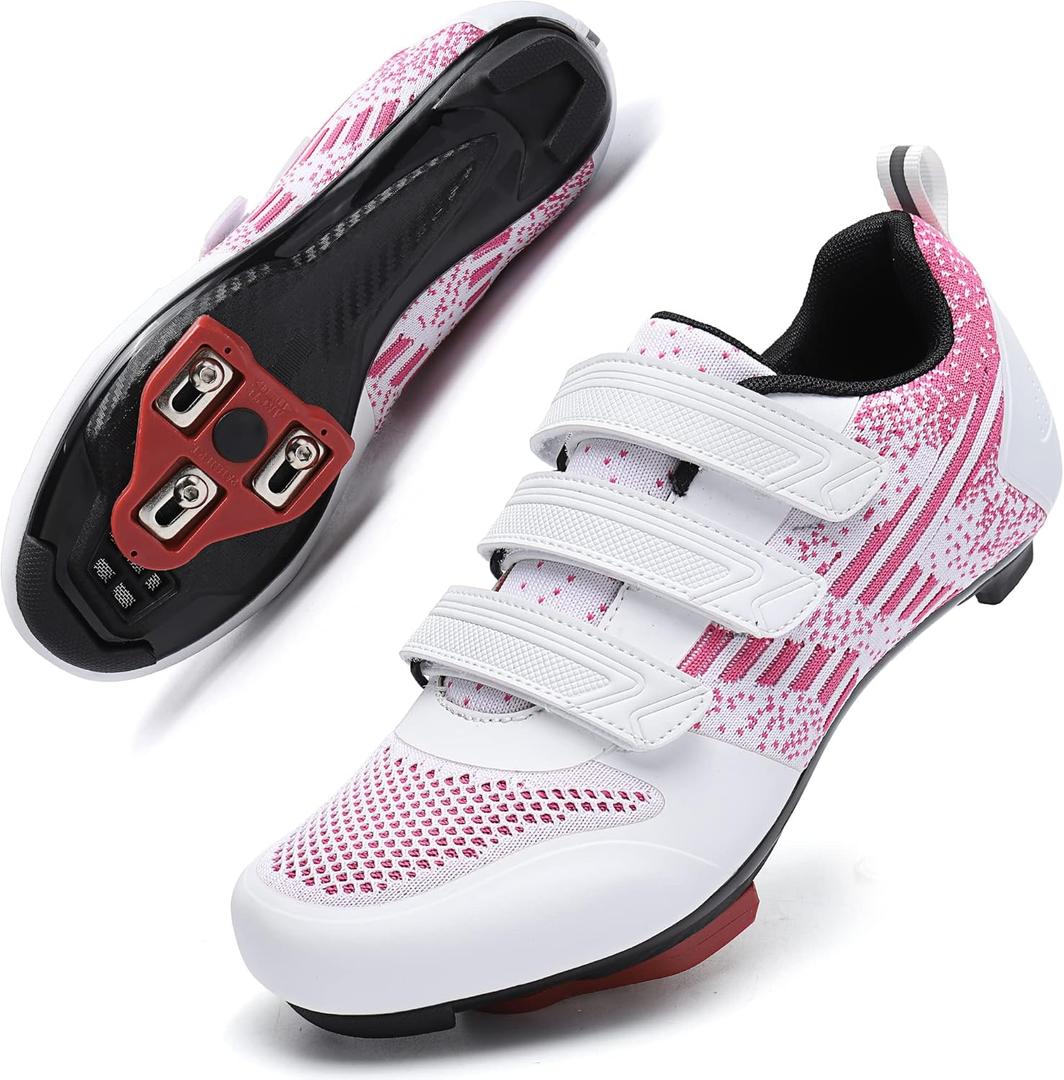 Unisex Road Bike Cycling Shoes Compatible with Peloton Shimano SPD Bike Riding Shoes for Men Women, 3 Straps, Pre-Installed Delta Cleats for Indoor Outdoor Cycling Biking (White Pink) Size 5.5