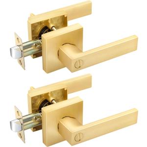 EHOMEWARE 2 Pack Gold Door Handles, Privacy Door Levers Bed and Bath Leverset Lockset, Satin Brass Finish, Universal Handing with Square Door Knobs