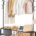 UDEAR Garment Rack Free-standing Clothes Rack with Top Rod,Lower Storage and 6 Hooks,Black
