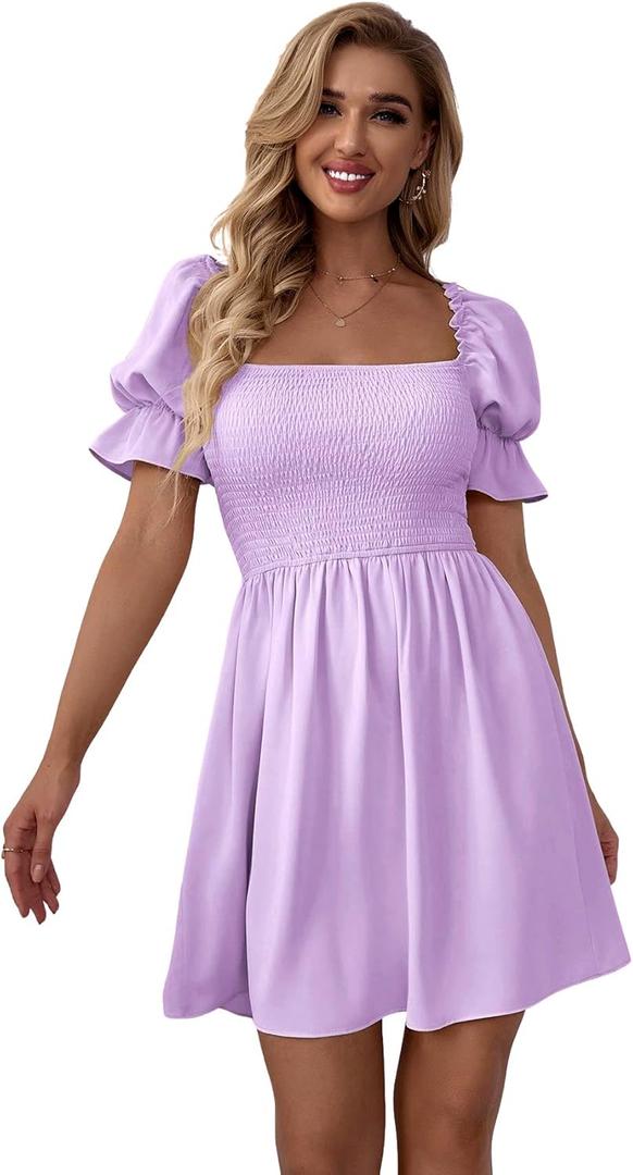 WDIRARA Women's Square Neck Flounce Short Sleeve Shirred Ruffle Hem Dress, Medium, Purple