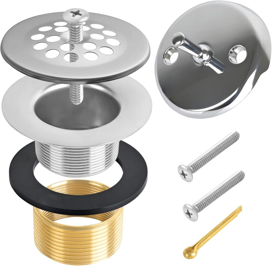 Trip Lever Bath Tub Drain Kit, Universal for 1-1/2" and 1-3/8" Bathtub Drain Replacement, No Putty Installation Bathtub Drain Set with Trip Lever Overflow Faceplate and Strainer, Tub Trim Kit (Chrome Plated)