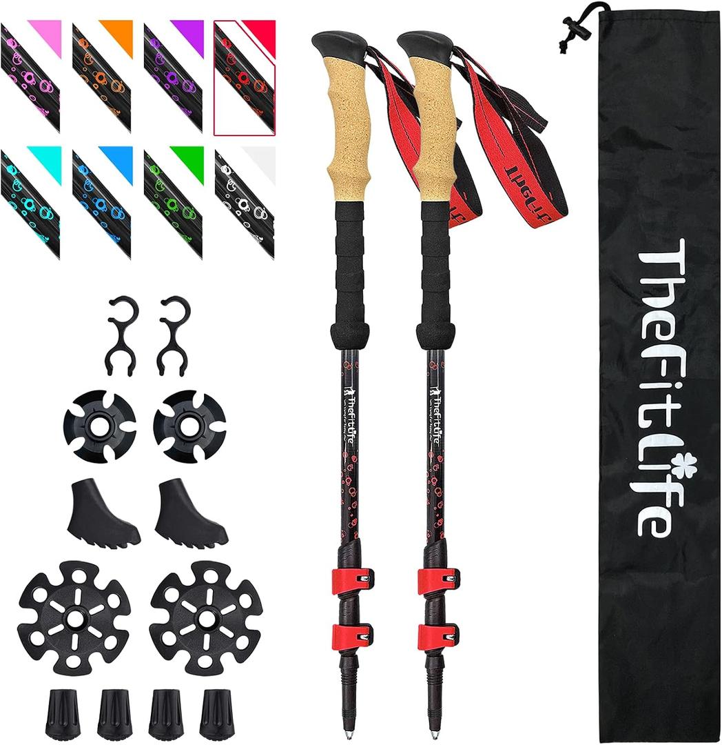 TheFitLife Carbon Fiber Trekking Poles Collapsible and Telescopic Walking Sticks with Natural Cork Handle and Extended EVA Grips, Ultralight Nordic Hiking Poles for Backpacking Camping