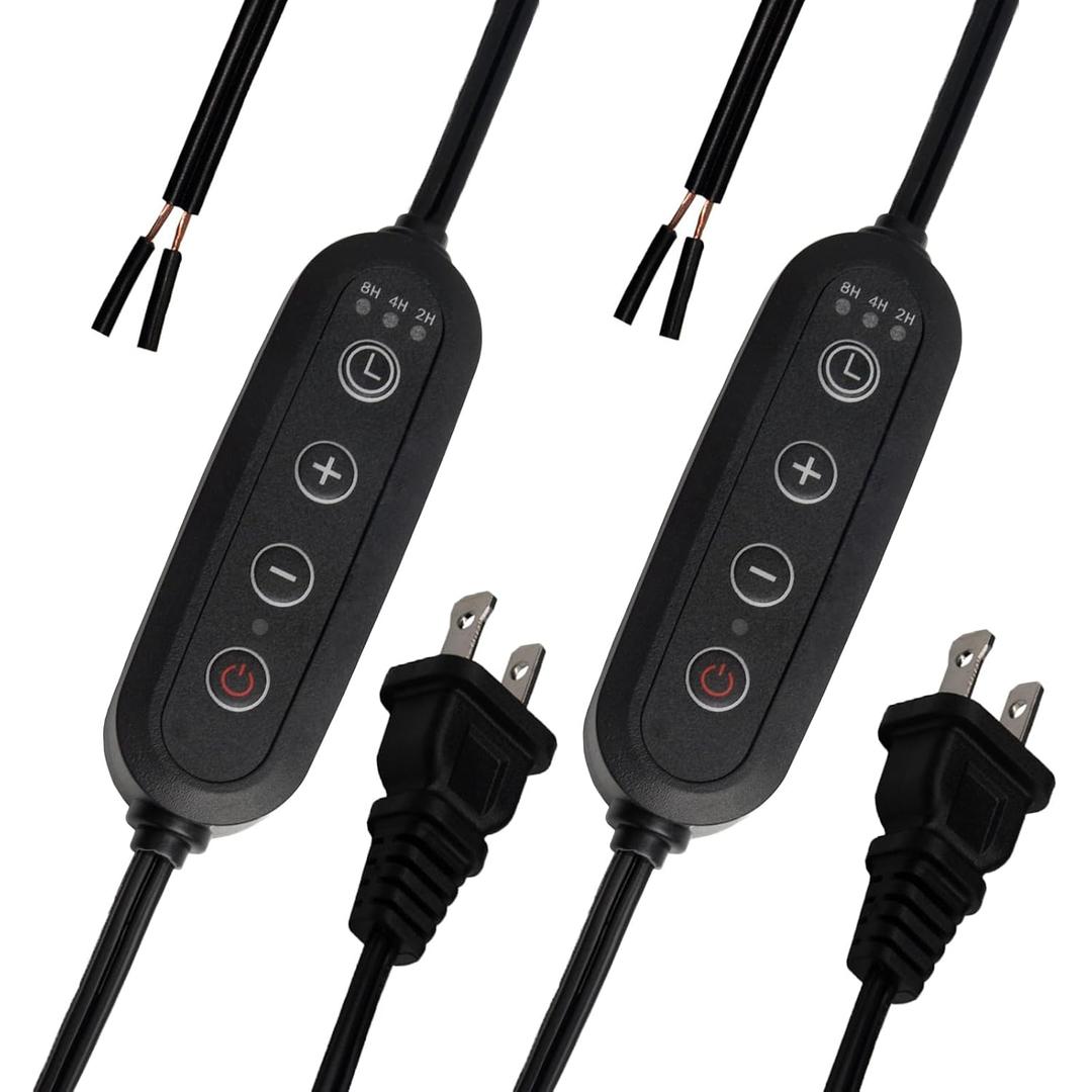 2Pack Plug-in Dimmer 110-120V Timer Switch Wire for Grow Lights Aromatherapy Diffuser 2H/4H/8H Dimmer Inline Lights Switch for Incandescent/Halogen Bulb Table or Floor Lamp