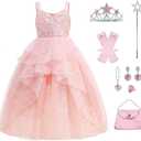 Glinda Dress for Girls Pink Witch Costume for Girls Halloween Cosplay Outfits Party Dress with Accessories, Size 160