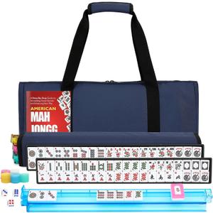 American Mahjong Tile Set,166 White Tiles Mahjong Set,4 Colors Mahjong Racks,Travel Mahjong Set with Blue Carrying Bag