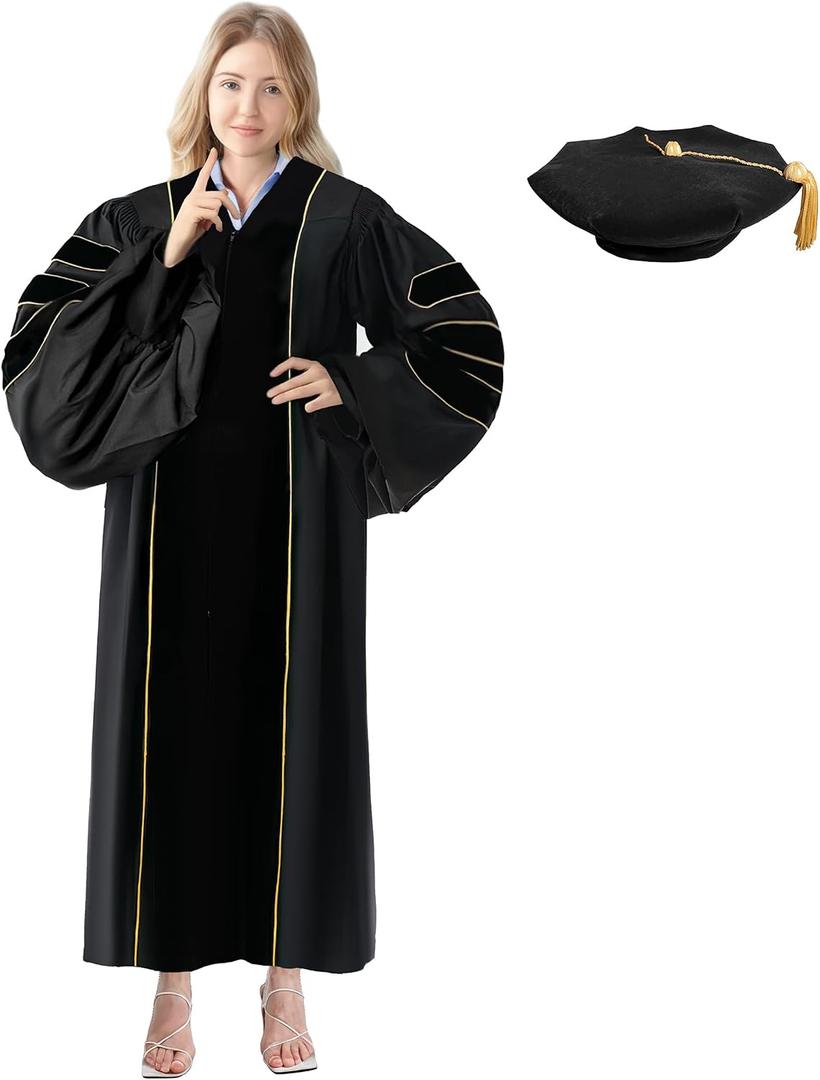 Happy Secret Unisex Deluxe Doctoral Graduation Gown and Doctoral Tam 8 Sided Package with Gold Piping Doctoral Regalia (Black), 48