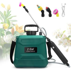 Battery Powered Sprayer 2 Gallon, Powerful Electric Garden Sprayer with 3 Mist Nozzles, USB Rechargeable Handle, Retractable Wand and Adjustable Shoulder Strap for Irrigation, Weeding(Green)